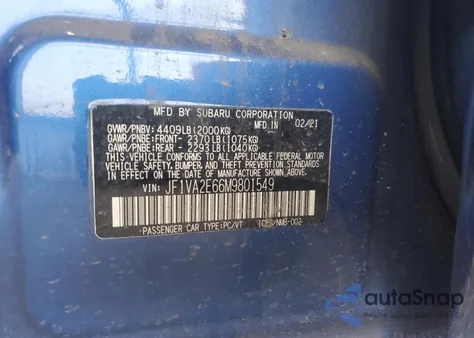 2021 Subaru Wrx Sti из США, поврежденный, VIN JF1VA2E66M9801549